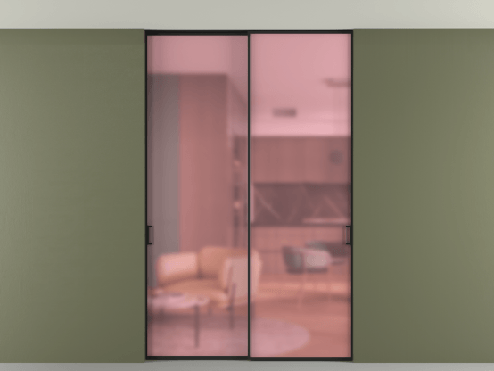 Алюминевая перегородка АЛПР 040.01_ЧРН_САТ РОЗ_new. Цвет Алюминий Черный. Материал Алюминий. Коллекция Перегородка Formato внутри проёма скрытое крепление в потолок 2 створки. Картинка.