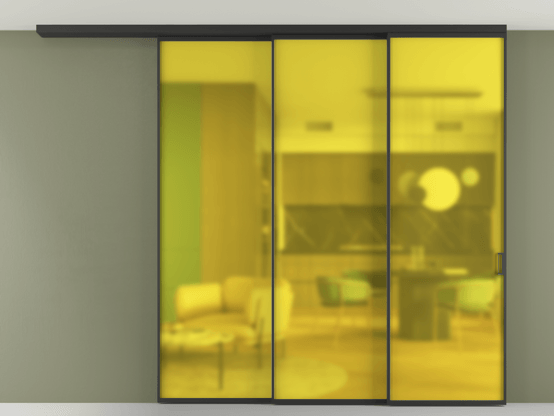 Алюминевая перегородка АЛПР 040.01_ЧРН_САТ ЖЕЛ_new. Цвет Алюминий Черный. Материал Алюминий. Коллекция Перегородка Formato вдоль стены на потолок 3 створки с синхронным механизмом. Картинка.