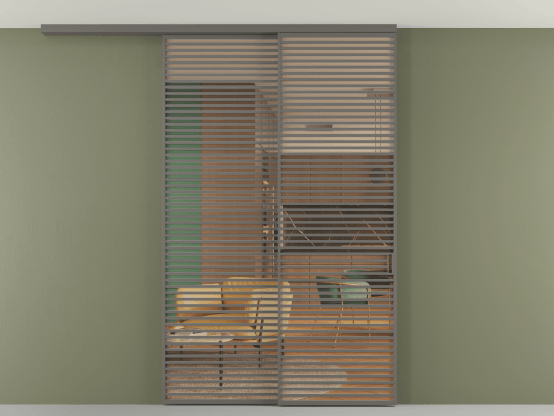 Алюминевая перегородка АЛПР 040.07_АКЛС_ПРОЗ ОРАНЖ_new. Цвет Алюминий классический серый. Материал Алюминий в эмали. Коллекция Перегородка Формато вдоль стены на потолок 2 створки с синхронным механизмом. Картинка.