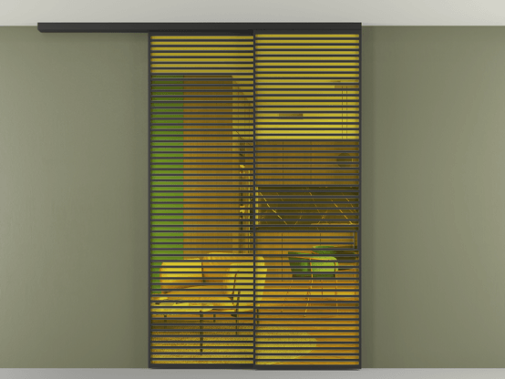 Алюминевая перегородка АЛПР 040.07_ЧРН_ПРОЗ ЖЕЛ_new. Цвет Алюминий Черный. Материал Алюминий. Коллекция Перегородка Формато вдоль стены на потолок 2 створки с синхронным механизмом. Картинка.