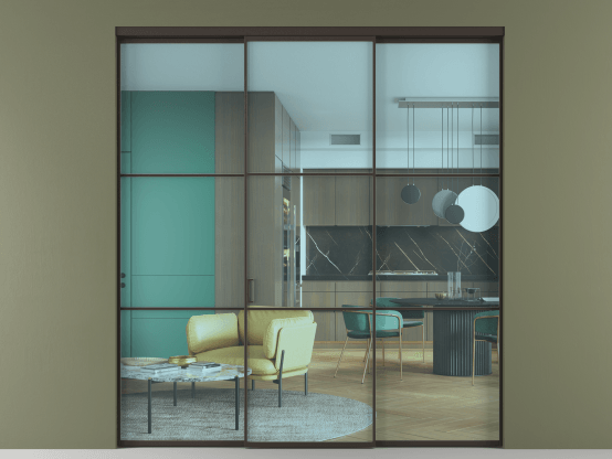 Алюминевая перегородка АЛПР 040.03_ААН_ПРОЗ ГОЛ_new. Цвет Алюминий антрацит. Материал Алюминий в эмали. Коллекция Перегородка Formato внутри проёма 3 створки. Картинка.