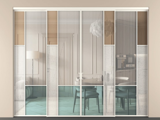 Алюминевая перегородка vnt4_6 Алюминий пудровый белый Четыре стекла. Цвет Алюминий пудровый белый. Материал Алюминий в эмали. Коллекция Перегородка Mosaic внутри проёма 4 створки. Картинка.