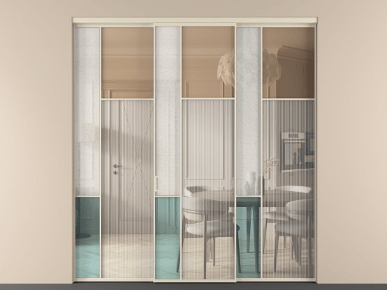 Алюминевая перегородка vn3_5 Алюминий бежево-серый Четыре стекла. Цвет Алюминий бежево-серый. Материал Алюминий в эмали. Коллекция Перегородка Mosaic внутри проёма 3 створки. Картинка.