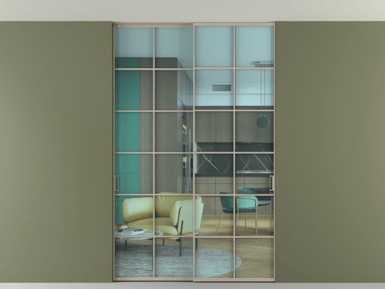 Алюминевая перегородка АЛПР 040.05_АБСК_ПРОЗ ГОЛ_new. Цвет Алюминий бисквитный. Материал Алюминий в эмали. Коллекция Перегородка Formato внутри проёма скрытое крепление в потолок 2 створки. Картинка.