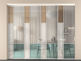 Алюминевая перегородка vntl4_6 Алюминий пудровый белый Четыре стекла. Цвет Алюминий пудровый белый. Материал Алюминий в эмали. Коллекция Перегородка Mosaic внутри проёма 4 створки с синхронным механизмом. Картинка.