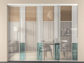 Алюминевая перегородка vntl4_7 Алюминий светло-серый Четыре стекла. Цвет Алюминий светло-серый. Материал Алюминий в эмали. Коллекция Перегородка Mosaic внутри проёма 4 створки с синхронным механизмом. Картинка.