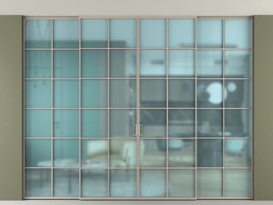 Алюминевая перегородка АЛПР 040.05_АБСК_САТ ГОЛ_new. Цвет Алюминий бисквитный. Материал Алюминий в эмали. Коллекция Перегородка Формато внутри проёма скрытое крепление в потолок 4 створки. Картинка.