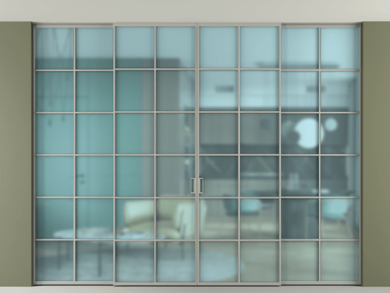 Алюминевая перегородка АЛПР 040.05_АНСР_САТ ГОЛ_new. Цвет Алюминий нейтральный серый. Материал Алюминий в эмали. Коллекция Перегородка Формато внутри проёма скрытое крепление в потолок 4 створки. Картинка.