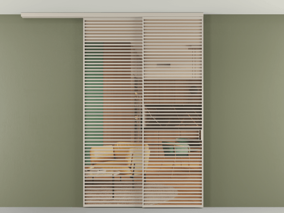 Алюминевая перегородка АЛПР 040.07_АСБЖ_ПРОЗ ОРАНЖ_new. Цвет Алюминий светло-бежевый. Материал Алюминий в эмали. Коллекция Перегородка Формато вдоль стены на потолок 2 створки с синхронным механизмом. Картинка.