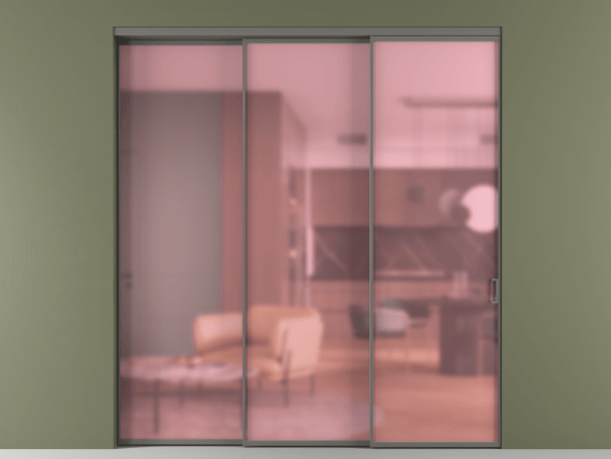 Алюминевая перегородка АЛПР 040.01_АКЛС_САТ РОЗ_new. Цвет Алюминий классический серый. Материал Алюминий в эмали. Коллекция Перегородка Formato внутри проёма 3 створки с синхронным механизмом. Картинка.