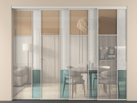 Алюминевая перегородка vntl4_7 Алюминий тёплый серый Четыре стекла. Цвет Алюминий тёплый серый. Материал Алюминий в эмали. Коллекция Перегородка Mosaic внутри проёма 4 створки с синхронным механизмом. Картинка.