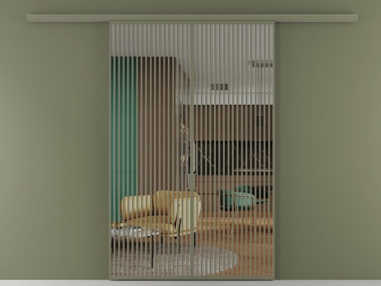 Алюминевая перегородка АЛПР 040.06_АОТ_Crystalvision_new. Цвет Алюминий оливковый тёмный. Материал Алюминий в эмали. Коллекция Перегородка Формато вдоль стены 2 створки. Картинка.