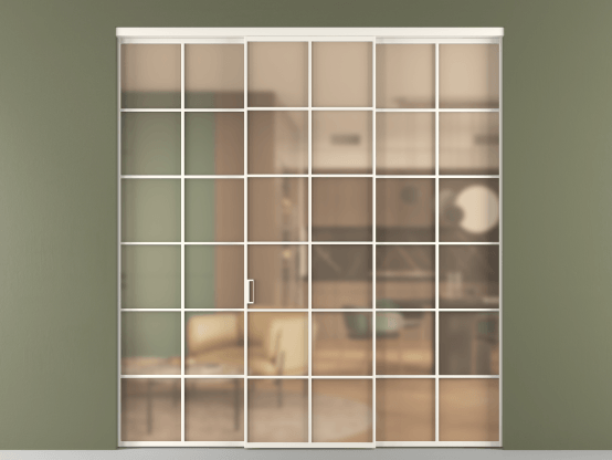 Алюминевая перегородка vn1+2_05_ Алюминий пудровый белый Сатинированное оранжевое стекло, триплекс, 6мм. Цвет Алюминий пудровый белый. Материал Алюминий в эмали. Коллекция Перегородка Formato внутри проёма 3 створки. Картинка.