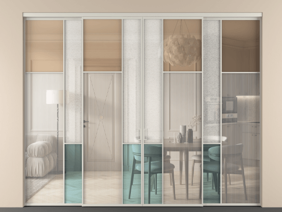 Алюминевая перегородка vnt4_7 Алюминий тёплый серый Четыре стекла. Цвет Алюминий тёплый серый. Материал Алюминий в эмали. Коллекция Перегородка Mosaic внутри проёма 4 створки. Картинка.