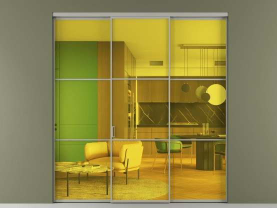 Алюминевая перегородка АЛПР 040.03_АНСР_ПРОЗ ЖЕЛ_new. Цвет Алюминий нейтральный серый. Материал Алюминий в эмали. Коллекция Перегородка Formato внутри проёма 3 створки. Картинка.