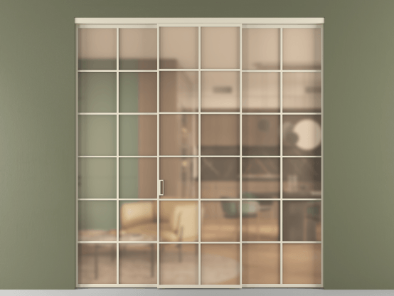 Алюминевая перегородка vn1+2_05_ Алюминий бежево-серый Сатинированное оранжевое стекло, триплекс, 6мм. Цвет Алюминий бежево-серый. Материал Алюминий в эмали. Коллекция Перегородка Formato внутри проёма 3 створки. Картинка.