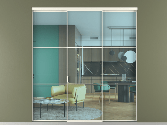 Алюминевая перегородка АЛПР 040.03_АЖМ_ПРОЗ ГОЛ_new. Цвет Алюминий жемчужный. Материал Алюминий в эмали. Коллекция Перегородка Formato внутри проёма 3 створки. Картинка.