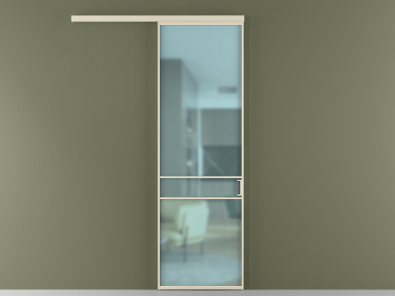 Алюминевая перегородка vd1_02_ Алюминий бежево-серый Сатинированное голубое стекло, триплекс, 6мм. Цвет Алюминий бежево-серый. Материал Алюминий в эмали. Коллекция Перегородка Формато вдоль стены 1 створка. Картинка.