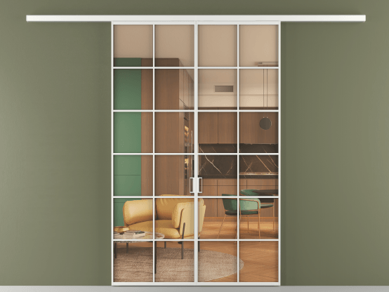 Алюминевая перегородка АЛПР 040.05_АБЛ_ПРОЗ ОРАНЖ_new. Цвет Алюминий белоснежный. Материал Алюминий в эмали. Коллекция Перегородка Formato вдоль стены 2 створки. Картинка.